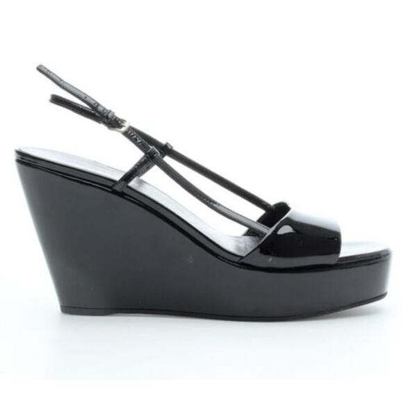 Jil Sander Black Patent Leather Square Toe Sandal Wedge Heels 38.5 - Picture 2 of 10